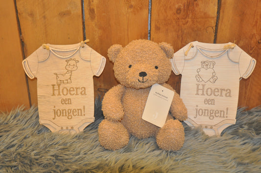 Houten romper "Hoera een jongen" beer/giraffe