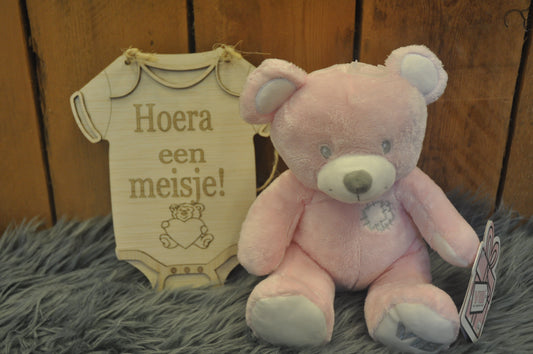 Houten romper  "Hoera een meisje" beer/giraffe